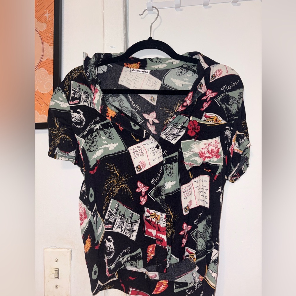 Reformation Cuban Shirt Postcard-Print Camp Shirt with Green and Red Accents